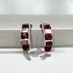 Rhinestones Deep Red Earrings Curved Half Hoop Silver Tone Small Pierced